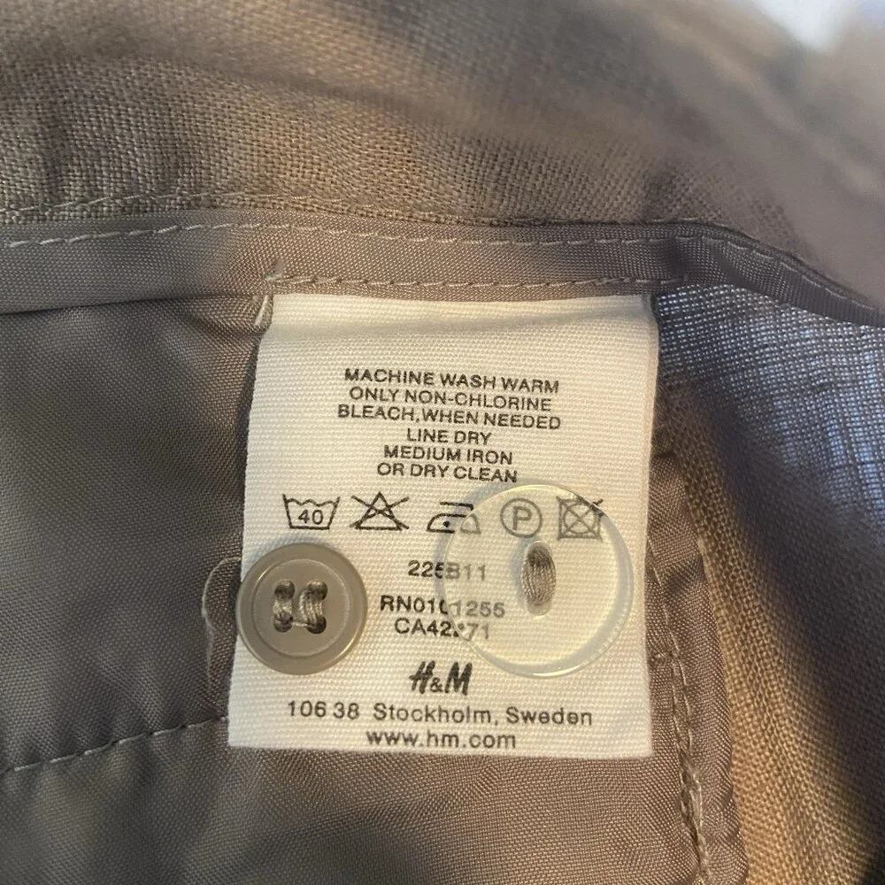H&M Women’s Size 14 Pants 100% Linen Wide Leg Pockets‎ Mid Rise Tan Taupe Office